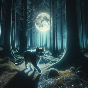 Magical Cat Wandering Under Moonlight in Forest