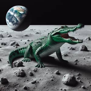 Green Crocodile on Moon | Lunar Landscape with Earth View