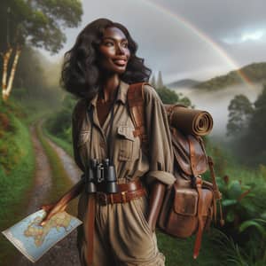 Adventurous Black Female Traveler Explores Uncharted Forest Path