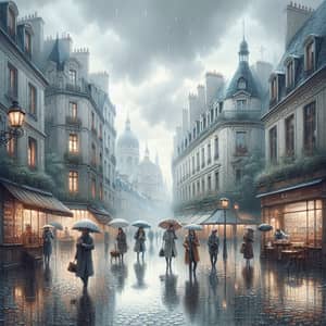 Serene Rainy Day Cityscape with People in Raincoats and Umbrellas