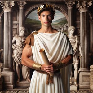 Hispanic Male in Roman Toga with Scroll | Classic Roman Setting