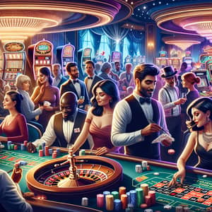 Diverse Casino Scenes with Blackjack, Poker & Slot Games