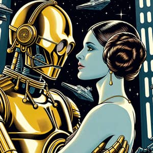Star Wars Robot and Human Woman Romantic Embrace Illustration
