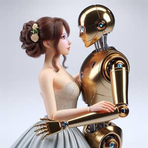 Romantic Embrace Between Shiny Gold Robot and Princess