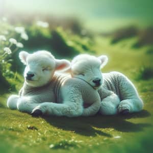 Peaceful Image of Two Sleeping Baby Lambs on Grass