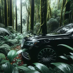 Luxurious Black Car in Vibrant Forest - Nature's Beauty