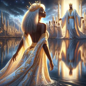 Luxurious White Gown on Light-Skinned Woman by Shimmering Water