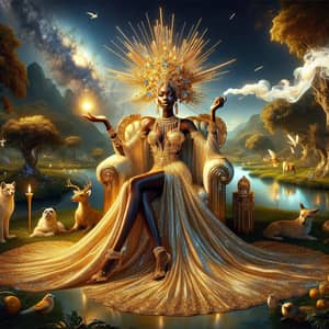 Radiant Black Woman on Golden Throne in Ethereal Garden