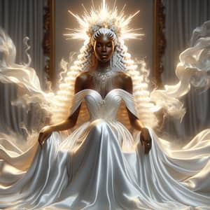 Radiant Woman in Elegant White Gown in Resplendent Throne Room