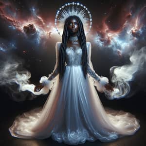 Ethereal Black Woman in Mystical Gown with Radiant Crown