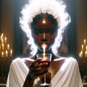 Divine Woman in Throne Room: Black Skin, Elegant Gown, Holy Aura