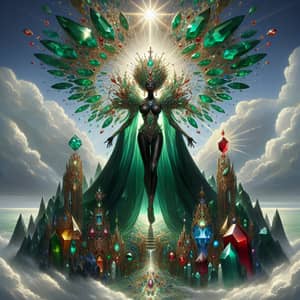 Emerald and Ruby Majesty: Black Woman in Armor on Gemstone Mountain