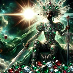 Imposing Black Woman in Emerald Green Armor Amid Gemstones