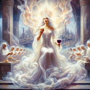 Ethereal Woman Communing in Mystical City with Holy Spirit Imagery