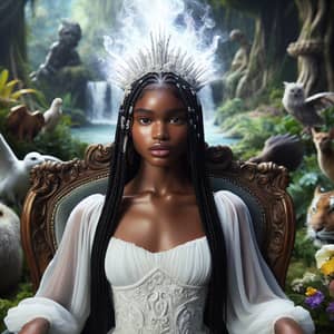 Radiant Black Woman on Throne in Mythical Garden | Ethereal Beauty