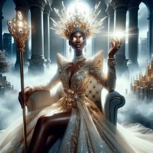Radiant Black Woman in Gold Gown | Ethereal New Jerusalem Throne