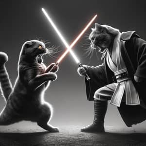 Fierce Feline Battle: Sith Cat vs Jedi Knight Cat in Monochrome