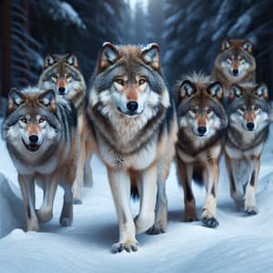 Wild Wolves in Winter Habitat - Majestic Pack in Snowy Forest
