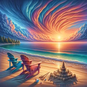 Serene Sunset Beach Scene | Orange & Pink Hues | Adirondack Chairs