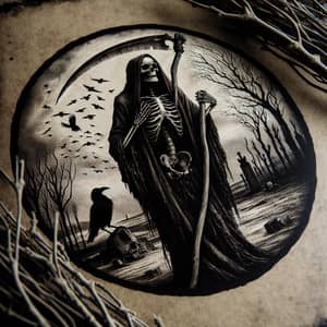 La Muerte: Ominous Skeleton in Bleak Landscape with Crow