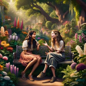 Vibrant Garden Conversation | Diverse Girls Animated Discussion