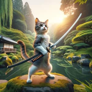 Determined Samurai Cat In Tranquil Japanese Garden