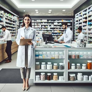 Modern Pharmacy with Diverse Pharmacists and Medications