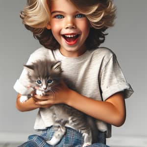 Joyful Caucasian Boy Playing with Adorable Kitten