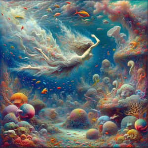 Ethereal Underwater Surrealism: Mermaid and Colorful Coral Reefs