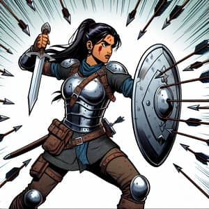 3D Female Soldier with Sword & Shield Facing Hail of Arrows