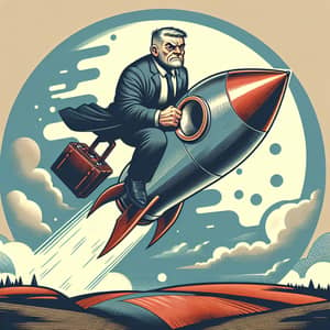 Middle-aged Man Riding Rocket in Comic Landscape