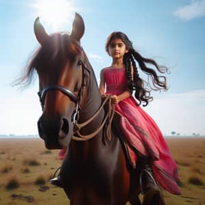 South Asian Girl in Pink Dress on Majestic Brown Horse