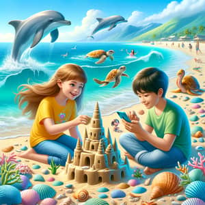 Idyllic Beach Scene with Sandcastle, Dolphins, Turtle, and Octopus