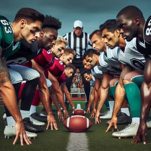 Intense Football Face-Off: Diverse Teams Reaching for the Ball