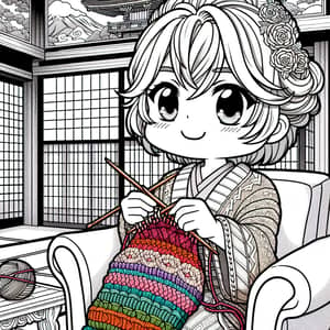 Kawaii-Style Silver-Haired Grandmother Knitting in Traditional Japanese Home