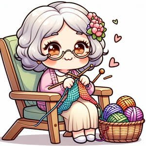 Elderly Grandma Knitting - Chibi Kawaii Anime Style