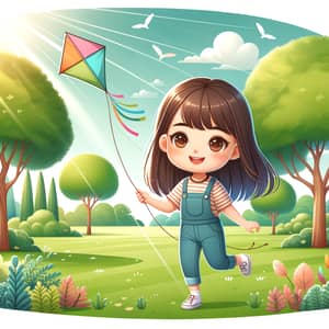 Young Asian Girl Flying Kite in Sunny Park