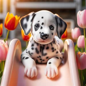 Baby Dalmatian Dog Playing on Slide surrounded by Tulips
