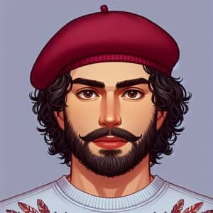 Caucasian Man in Burgundy Beret with Curly Hair and Goatee