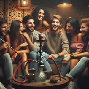 Diverse Group of Friends Enjoying Quality Time at Hookah Bar