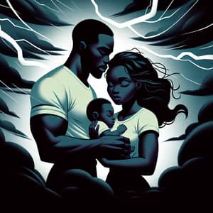 Black Family Under Storm: Muscular Man, Slim Woman, Child
