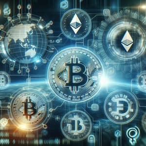 Cryptocurrency Symbols in Futuristic Digital Landscape