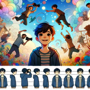 Diverse Young Boy in Adventurous Poses Against Dreamy Illustrations