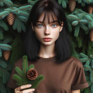 Caucasian Girl with Striking Blue Eyes and Pine Cone Amidst Lush Pine Branch Backdrop