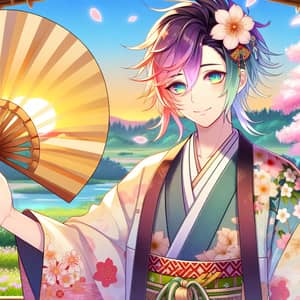 Colorful Anime Character in Traditional Kimono with Sakura Trees