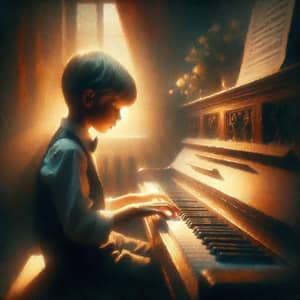 Impressionistic Digital Painting of Boy Playing Piano in Dimly Lit Room