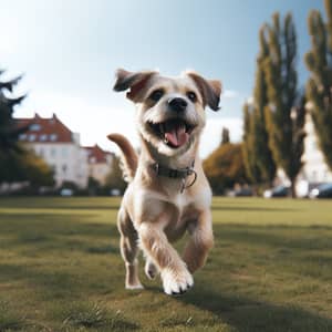 Playful Mixed Breed Dog Running in Grass - Joyful Pet Action