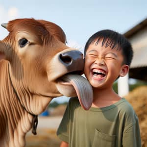 Brown Cow Licking Boy's Head - Heartwarming Farm Interaction