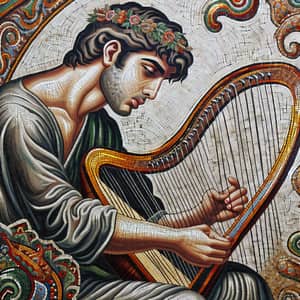 Male Middle-Eastern Harpist Mosaic Art | Musician Plucking Melodious Notes