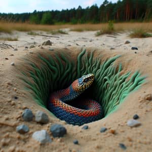 Vibrant Snake in Hole - Sandy Terrain View